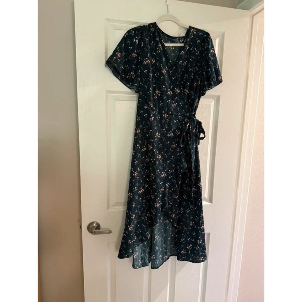 Dark Green Floral Wrap Midi Dress